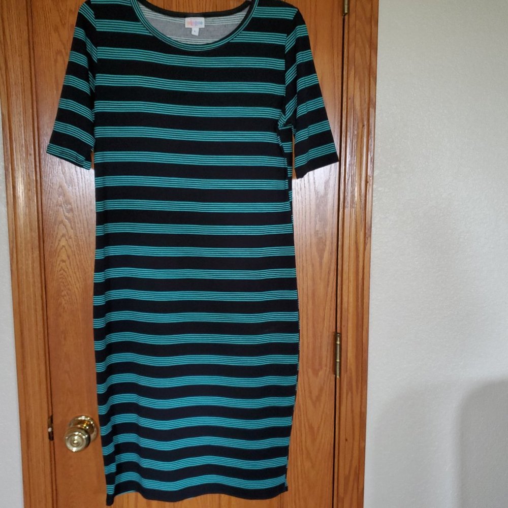 LuLaRoe Julia dress - black with teal stripes - Size L